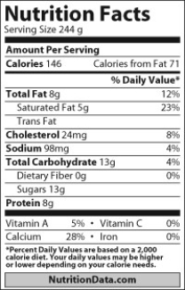 <strong>Shown here is a nutrition facts label for 1 cup of whole cow's milk. Which of the following is most abundant by weight in 1 cup of whole milk? (1,000 mg = 1 g) </strong> A) the total amount of lipids B) polysaccharides C) monosaccharides D) protein