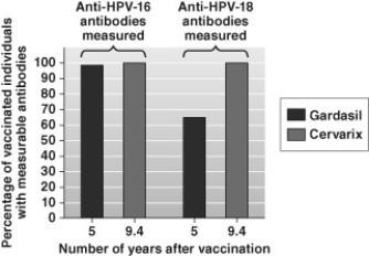 Scientists measured whether individuals who had been vaccinated with anti-HPV vaccines (Gardasil and Cervarix)  had detectable levels of anti-HPV antibodies in their blood many years after receiving the vaccines. The data are shown here. Based only on these data, which of the following policy recommendations would you make to the United States Center for Disease Control and Prevention (the agency that sets vaccination schedules)  regarding anti-HPV vaccines?   A)  Individuals who are vaccinated with Cervarix will never need a  booster  shot even 30 years after initially being vaccinated. B)  Gardasil protects against HPV-related cancer better than Cervarix, so individuals should be vaccinated with Gardasil and not Cervarix. C)  After many years, Cervarix is about twice as effective at preventing HPV-related cancer than Gardasil, so individuals should be vaccinated with Cervarix and not Gardasil. D)  If people are vaccinated with Gardasil, they may need a  booster  shot in the future to maintain high levels of protection from HPV-related cancers.