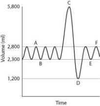 Physicians routinely give their patients pulmonary function tests in order to measure characteristics of lung function. The most common of these tests, spirometry, measures both the volume and the speed of air entering and exiting the lungs. In this test, a person first breathes normally while breathing into a spirometer, a machine that measures air volume and air speed. Then the person takes the deepest breath possible and exhales as hard as possible for 6 seconds into the spirometer. The resulting data are plotted on a graph of volume (y axis)  versus time (x axis) . Spirometry is useful not only for assessing lung function in healthy patients but also for characterizing patients with lung conditions such as pulmonary fibrosis, asthma, or emphysema. A sample graph for a healthy adult male is shown below. Normal breathing occurs between points A and B, a maximal inhalation occurs at point C, and a maximal exhalation occurs at point D. Normal breathing resumes between points E and F.    -For this data set, what is the vital capacity? A)  1,200 mL B)  2,800 mL C)  4,600 mL D)  5,800 mL