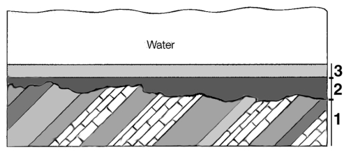Evidence for the presence of an unconformity in the formation below is given by   A) the uptilting of the beds in layer 1. B) the erosion that must have taken place at the boundary of 1 and 2. C) the new sediment type deposited at the boundary of 2 and 3. D) All of these are example of unconformities.