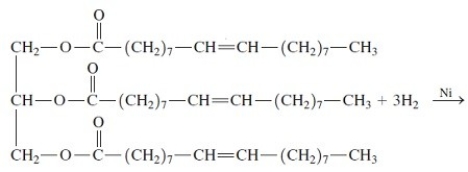 The products of this reaction is   A) glyceryl trioleate B) glyceryl trisrearate C) glyceryl tripalmitate D) fat. E) glyceryl tricaprate.