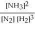 The equation for the formation of ammonia from nitrogen and hydrogen is shown below. What is the form of the equilibrium constant?  3H2(g)  + N2(g)  ⇌ 2NH₃(g)  A)    B)    C)    D)    E)   