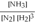 The equation for the formation of ammonia from nitrogen and hydrogen is shown below. What is the form of the equilibrium constant?  3H2(g)  + N2(g)  ⇌ 2NH₃(g)  A)    B)    C)    D)    E)   