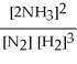 The equation for the formation of ammonia from nitrogen and hydrogen is shown below. What is the form of the equilibrium constant?  3H2(g)  + N2(g)  ⇌ 2NH₃(g)  A)    B)    C)    D)    E)   