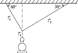 A lamp with a mass m = 42.6 kg is hanging from wires as shown. The tension   <sub>1</sub> in the vertical wire is   A)  210 N B)  417 N C)  570 N D)  360 N E)  730 N