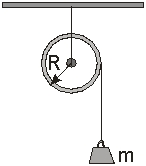 Use the figure the problem. A mass m = 0.5 kg is hung from a pulley with moment of inertia I = 0.20kg.m<sup>2</sup> and radius R = 10cm. There is friction in the pulley. The mass is dropped from rest, and after 2s it traveled 4m.   -What is the torque due to friction? A)  0.5 N.m B)  0.9 N.m C)  2.9 N.m D)  3.9 N.m E)  4.5 N.m
