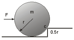 Use the figure to the right to answer the next problems. A ball of mass m and radius r is placed next to a step of height ½ r.   -What is the magnitude of the force the contact point c exerts on the ball when the applied force F just lifts the ball off the floor? A)  mg B)  1.5 mg C)  1.73 mg D)  2 mg E)  2.14 mg