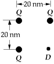   Three charges, each of Q = 3.2 *10<sup>-19</sup> C, are arranged at three of the corners of a 20-nm square as shown. The magnitude of the electric field at D, the fourth corner of the square, is approximately A)  1.4 * 10<sup>7</sup> N/C B)  1.0 * 10<sup>11</sup> N/C C)  3.6 *10<sup>10</sup> N/C D)  30 N/C E)  1.8* 10<sup>7</sup> N/C