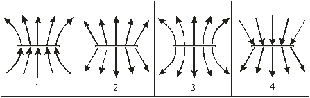 A conducting circular disk has a uniform positive surface charge density. Which of the following diagrams best represents the electric field lines from the disk? (The disk is drawn as a cross-section.)    A)  1 B)  2 C)  3 D)  4 E)  none of the diagrams