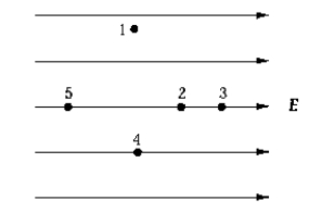 Use the following to answer the next question:   -Which point in the electric field in the diagram is at the lowest potential? A)  1 B)  2 C)  3 D)  4 E)  5