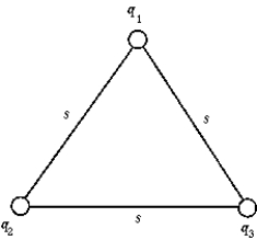 Use the following figure to answer the next problem.   -The electrostatic potential energy of the system of point charges q<sub>1</sub> = 1 µC, q<sub>2</sub> = -2 µC, and q<sub>3</sub> = 3 µC at the corners of the equilateral triangle whose side s = 40 cm is A)  1.10 J B)  0.990 J C)  -0.631 J D)  0.330 J E)  -0.113 J