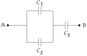  Use the following figure to answer the next five problems:   -You connect three capacitors as shown in the diagram below. The effective capacitance of this combination when C<sub>1</sub> = 5.0 \mu F, C<sub>2</sub> = 4.0  \mu F, and C<sub>3</sub> = 3.0  \mu F is approximately A)  0.44  \mu F B)  2.3  \mu F C)  3.5  \mu F D)  5.2  \mu F E)  12  \mu F 