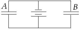    Two identical capacitors A and B are connected across a battery, as shown. If mica ( \kappa  = 5.4)  is inserted in B, A)  both capacitors will retain the same charge. B)  B will have the larger charge. C)  A will have the larger charge. D)  the potential difference across B will increase. E)  the potential difference across A will increase. 
