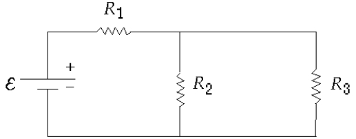  A comparison of the power losses (P<sub>1</sub>, P<sub>2</sub>, or P<sub>3</sub>)  in the resistors of the circuit in the diagram shows that, if R<sub>1</sub> = R<sub>2</sub> = R<sub>3</sub>, A)  4P<sub>1</sub> = P<sub>2</sub> = P<sub>3 </sub> B)  P<sub>1</sub> = 2P<sub>2</sub> + 2P<sub>3 </sub> C)  P<sub>1</sub> = P<sub>2</sub> = P<sub>3 </sub> D)  P<sub>1</sub> = (1/2) P<sub>2</sub> = (1/2) P<sub>3 </sub> E)  P<sub>1</sub> = P<sub>2</sub> + P<sub>3 </sub>