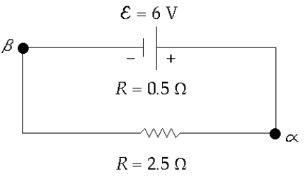    The circuit in the figure contains a battery and a resistor in series. Which of the following statements is not true? A)  The current in the circuit is 2 A. B)  Point  \alpha  is at a higher potential than point  \beta , and V <sub> \alpha\beta </sub>  = 5 V. C)  The battery is supplying energy to the circuit at the rate of 6 W. D)  The rate of heating in the external resistor is 10 W. E)  The battery is being discharged. 