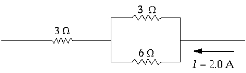    In the circuit element shown, the current through the 6- \Omega  resistor is approximately A)  1.0 A B)  2.0 A C)  0.40 A D)  0.67 A E)  1.3 A 