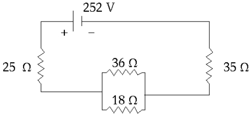    In the circuit shown, the power dissipated in the 18- \Omega  resistor is A)  0.15 kW B)  98 W C)  33 W D)  0.33 kW E)  47 W 