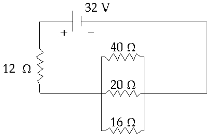   In this circuit, the current I through the battery is approximately A)  1.7 A B)  4.4 A C)  0.36 A D)  0.60 A E)  3.4 A