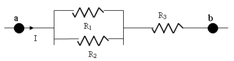    In the diagram above, the voltage difference between a and b is 6V. If R<sub>1</sub> = 25  \Omega , R<sub>3</sub> = 45  \Omega , and I = 0.095 A, then find R<sub>2</sub>. A)  55  \Omega  B)  45  \Omega  C)  78 \Omega  D)  66  \Omega  E)  83  \Omega