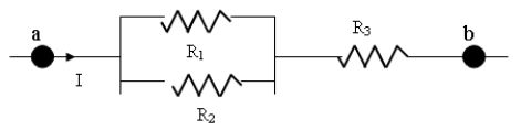    In the diagram above, the voltage difference between a and b is 6 V. If R<sub>1</sub> = 25  \Omega , R<sub>3</sub> = 45  \Omega , and I = 0.095 A, then find the current flowing through R<sub>2</sub>. A)  0.026 A B)  0.015 A C)  0.037 A D)  0.080 A E)  0.070 A 