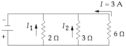    You connect resistors of 2  \Omega , 3  \Omega , and 6 \Omega  in parallel across a battery. The current through the 6- \Omega  resistor is 3 A. The power dissipated in the 3- \Omega  resistor is approximately A)  0.24 kW B)  0.11 kW C)  0.36 kW D)  0.54 kW E)  0.86 kW 