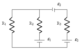    In the above circuit,  \varepsilon <sub>1</sub> = 9 V,  \varepsilon <sub>2</sub> = 6 V, and  \varepsilon <sub>3</sub> = 6 V. Also R<sub>1</sub> = 25  \Omega , R<sub>2</sub> = 125 \Omega , and R<sub>3</sub> = 55 \Omega . Find the current flowing through R<sub>1</sub>. A)  0.60 A B)  0.072 A C)  0.68 A D)  0.044 A E)  0.16 A 
