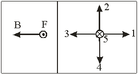   The left diagram shows a force F on a negatively charged particle moving a magnetic field B. Using the right diagram, the direction of the velocity of the particle is A)  1 B)  2 C)  3 D)  4 E)  5