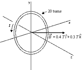   A circular 20-turn coil with a radius of 10 cm carries a current of 3 A. It lies in the xy plane in a uniform magnetic field   = 0.4 T   + 0.3 T   . The potential energy of the system is A)  -0.263 J B)  -0.461 J C)  -0.564 J D)  0.564 J E)  0.461 J