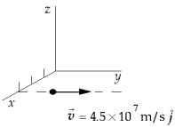   A point charge of q<sub>1</sub> = 3.6 nC is moving with speed 4.5 * 10<sup>7</sup> m/s parallel to the y axis along the line x = 3 m. The magnetic field produced by this charge at the origin when it is at the point x = 3 m, y = 4 m is approximately A)  0.39 nT   B)  -0.78 nT   C)  -0.39 nT   D)  0.78 nT   E)  2.0 nT  