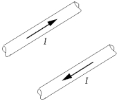   Two wires lying in the plane of this page carry equal currents in opposite directions, as shown. At a point midway between the wires, the magnetic field is A)  zero. B)  into the page. C)  out of the page. D)  toward the top or bottom of the page. E)  toward one of the two wires.