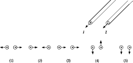   Two very long, parallel conducting wires carry equal currents in the same direction, as shown. The numbered diagrams show end views of the wires and the resultant force vectors due to current flow in each wire. Which diagram best represents the direction of the forces? A)  1 B)  2 C)  3 D)  4 E)  5