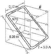   A rectangular loop of wire (0.10 m by 0.20 m)  carries a current of 5.0 A in a counterclockwise direction. The loop is oriented, as shown, in a uniform magnetic field of 1.5 T. The magnetic flux of   is A)  0.026 T · m<sup>2 </sup> B)  1.3 T · m<sup>2 </sup> C)  0.015 T · m<sup>2 </sup> D)  0.030 T · m<sup>2 </sup> E)  1.5 T · m<sup>2 </sup>