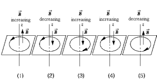   A loop rests in the xy plane. The z axis is normal to the plane and positive upward. The direction of the changing flux is indicated by the arrow on the z axis. The diagram that correctly shows the direction of the resultant induced current in the loop is A)  1 B)  2 C)  3 D)  4 E)  5