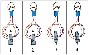   For which of the following diagrams will current flow in the clockwise direction? A)  1 and 2 B)  3 and 4 C)  1 and 3 D)  2 and 4 E)  2 and 3