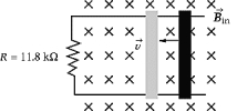   A wire rod rolls with a speed of 20 m/s on two metallic rails, 1.0 m apart, that form a closed loop. If the magnetic field is 1.5 T into the page, the power dissipated in the resistor R and the current direction are, respectively, A)  33 mW, clockwise. B)  33 mW, counterclockwise. C)  76 mW, counterclockwise. D)  76 mW, clockwise. E)  50 mW, clockwise.