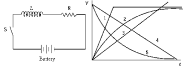   An open switch in an RL circuit is closed at time t = 0, as shown. The curve that best illustrates the variation of potential difference across the inductor as a function of time is A)  1 B)  2 C)  3 D)  4 E)  5