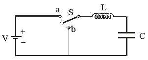  Use the following figure for the next three problems.   The battery has a voltage V = 6 V, the inductance of the inductor L = 12 mH and the capacitance of the capacitor C = 8  \mu F. Assume that the inductor and the wires have zero resistance. -The switch S was at position a for a long time when it is switched to b. Describe the current flow in the right loop. A)  There is no current flow in the loop since it is disconnected from the battery. B)  At the instant the switch is at b, the current starts to flow and then decays exponentially. C)  The current flows in a sinusoidal function with frequency   . D)  The current flows in a damped oscillations. E)  none of the above 