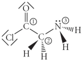 Consider the molecule below. Determine the molecular geometry at each of the three labelled atoms.   A) 1 = trigonal planar, 2 = tetrahedral, 3 = trigonal pyramidal B) 1 = tetrahedral, 2 = tetrahedral, 3 = tetrahedral C) 1 = trigonal planar, 2 = tetrahedral, 3 = tetrahedral D) 1 = tetrahedral, 2 = tetrahedral, 3 = trigonal planar E) 1 = trigonal planar, 2 = trigonal pyramidal, 3 = trigonal pyramidal