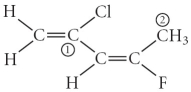 Consider the molecule below. Determine the hybridization at each of the two labelled carbons.   A) C1 = sp<sup>3</sup>, C2 = sp<sup>3</sup>d B) C1 = sp, C2 = sp<sup>2</sup> C) C1 = sp<sup>2</sup>, C2 = sp<sup>3</sup>d D) C1 = sp<sup>3</sup><sup>d</sup>, C2 = sp<sup>3</sup>d<sup>2</sup> E) C1 = sp<sup>2</sup>, C2 = sp<sup>3</sup>