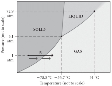 Consider the phase diagram shown. Choose the statement below that is TRUE.   A) The triple point of this substance occurs at a temperature of 31 °C. B) At 10 bar of pressure, there is no temperature where the liquid phase of this substance would exist. C) The solid phase of this substance is higher in density than the liquid phase. D) The line separating the solid and liquid phases represents the Δ<sub>vap</sub>H. E) None of the above is true.