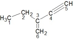 Identify the hybridization of carbon atoms numbered 1-6 in the structure below:   A) Carbons 1 and 2 are sp<sup>3</sup>, carbons 3 and 6 are sp<sup>2</sup>, carbons 4 and 5 are sp hybridized. B) Carbons 1 and 3 are sp<sup>3</sup>, carbons 2 and 5 are sp<sup>2</sup>, carbons 4 and 6 are sp hybridized. C) Carbons 2 and 3 are sp<sup>3</sup>, carbons 4 and 5 are sp<sup>2</sup>, carbons 1 and 6 are sp hybridized. D) Carbons 4 and 5 are sp<sup>3</sup>, carbons 3 and 6 are sp<sup>2</sup>, carbons 1 and 2 are sp hybridized. E) Carbons 3 and 6 are sp<sup>3</sup>, carbons 4 and 5 are sp<sup>2</sup>, carbons 1 and 2 are sp hybridized.