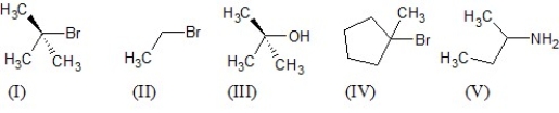 Which of the following five substrates is the most likely to be the substrate in an S<sub>N</sub><sup>2</sup> reaction?   A) (I)  B) (II)  C) (III)  D) (IV)  E) (V) 
