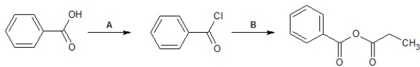 Identify reagents A and B required for the following transformation of acyl groups:   A) A = (COCl) <sub>2</sub>; B = C<sub>2</sub>H<sub>5</sub>CHO B) A = (COCl) <sub>2</sub>; B = C<sub>2</sub>H<sub>5</sub>COOH C) A = HCl; B = C<sub>2</sub>H<sub>5</sub>COOH D) A = (COCl) <sub>2</sub>; B = C<sub>2</sub>H<sub>5</sub>-CH<sub>2</sub>OH E) A = HCl; B = C<sub>2</sub>H<sub>5</sub>CHO