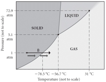 Consider the phase diagram shown.What is the triple point?   A)  72.9 atm, 31 °C B)  5.1 atm, -56.7 °C C)  1 atm, -78.5 °C D)  5.1 atm, 31 °C E)  72.9 atm, -56.7 °C