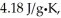The enthalpy change for converting 1.00 mol of ice at -50.0°C to water at 70.0°C is   The specific heats of ice,water,and steam are     And   Respectively.For H<sub>2</sub>O,∆H<sub>fus </sub>= 6.01 kJ/mol,and ∆H<sub>vap </sub>= 40.67 kJ/mol. A) 12.28 B) 6.41 C) 13.16 D) 7154 E) 9.40