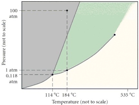 In the phase diagram,what is the approximate critical temperature?   A) 114°C B) 184°C C) 535°C D) 465°C