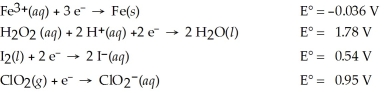 Which of the following is the strongest oxidizing agent?   A) H<sub>2</sub>O<sub>2</sub>(aq)  B) Fe<sup>3+</sup>(aq)  C) ClO<sub>2</sub>(g)  D) I<sub>2</sub>(s)  E) Fe(s) 