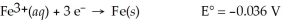 Calculate the cell potential for the following reaction that takes place in an electrochemical cell at 25°C. Fe(s) ∣ Fe<sup>3+</sup>(aq,0.0011 M) ∣∣ Fe<sup>3+</sup>(aq,2.33 M) ∣ Fe(s)    A) 0.066 V B) -0.036 V C) 0.00 V D) -0.099 V E) 0.20 V