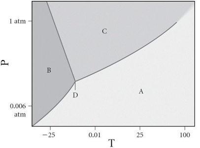 Assign the appropriate labels to the phase diagram shown below.   A)  A = liquid, B = solid, C = gas, D = critical point B)  A = gas, B = solid, C = liquid, D = triple point C)  A = gas, B = liquid, C = solid, D = critical point D)  A = solid, B = gas, C = liquid, D = critical point E)  A = liquid, B = gas, C = solid, D = triple point