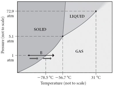Consider the phase diagram shown.Choose the statement below that is TRUE.   A)  The triple point of this substance occurs at a temperature of 32°C. B)  At 13 atm of pressure, there is no temperature where the gas phase of this substance would exist. C)  The solid phase of this substance is higher in density than the liquid phase. D)  The line separating the solid and liquid phases represents the ΔH<sub>vap</sub>. E)  None of the above is true.